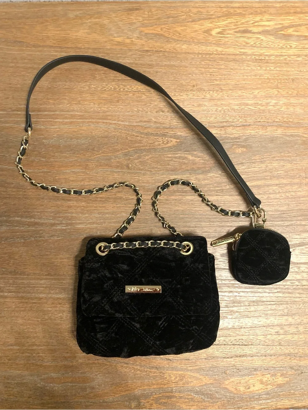 Betsey Johnson Black Quilted Velvet Crossbody with Coin Pouch and Gold Chain